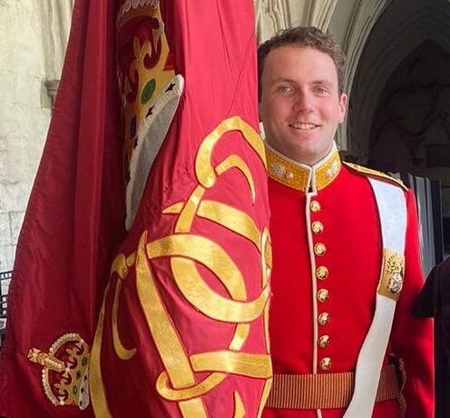 2Lt Rupert Elmhirst Grenadier Guards with the State Colour